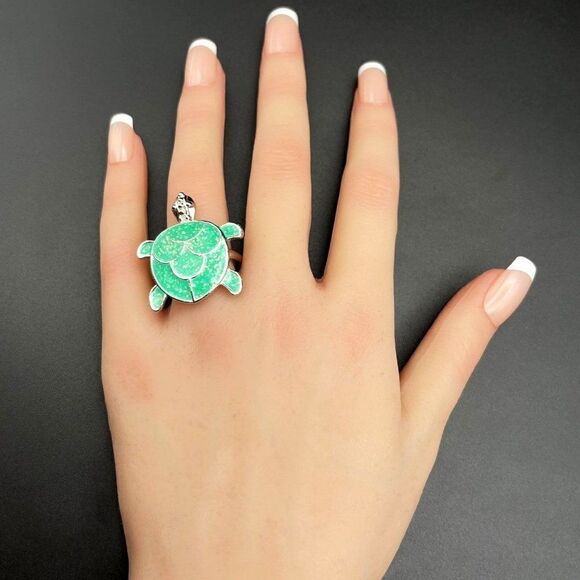 925 Sterling Silver with Glittery Green Enamel Sea Turtle Statement Ring Size 8 - Picture 8 of 9